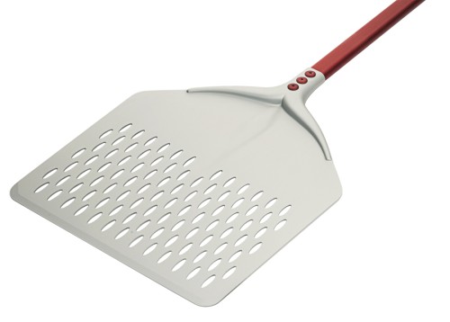 Pizzaschaufel rechteckig gelocht mit rotem abgeflachtem Stiel