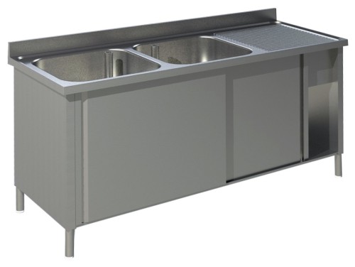 Spültisch mit Schiebetüren B 140cm T 70cm 2 Becken links