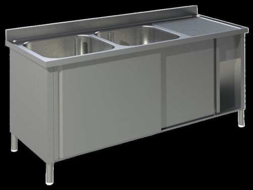 Spültisch mit Schiebetüren B 160cm T 70cm 2 Becken links
