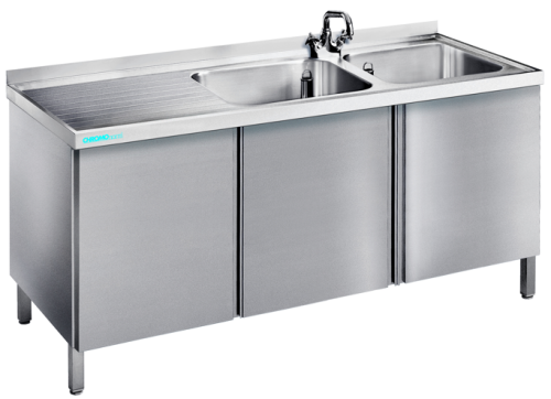 Spültisch 2 Becken rechts Flügeltüren T700 mm B1600 mm